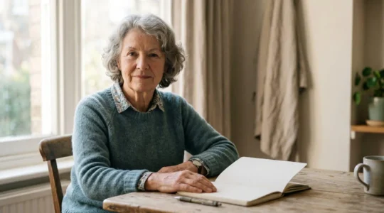 A senior adult confidently reviewing their health journal in a naturally lit, calm home environment