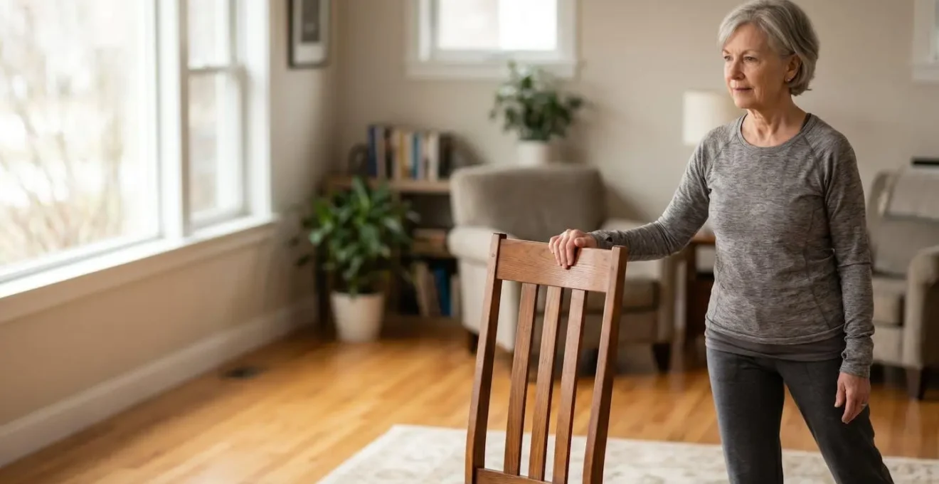 Senior person safely performing guided physiotherapy exercises in their living room with natural lighting and supportive furniture