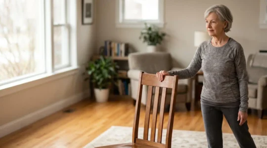 Senior person safely performing guided physiotherapy exercises in their living room with natural lighting and supportive furniture