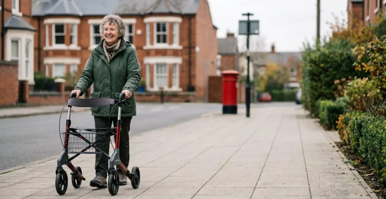 Senior person confidently using modern mobility device outdoors in UK residential street with accessible pavement