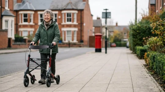 Senior person confidently using modern mobility device outdoors in UK residential street with accessible pavement