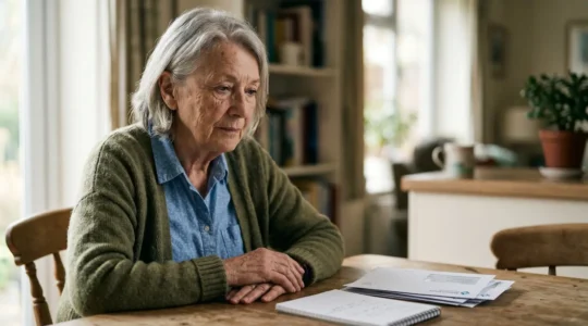 Senior patient thoughtfully reviewing medical documents while considering treatment options from multiple specialists