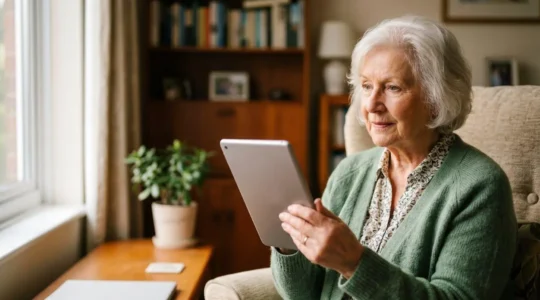 Senior patient having a video consultation with their GP using a tablet at home