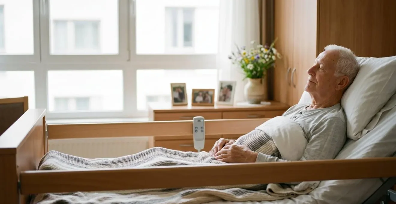 Senior individual resting comfortably in an adjustable hospital bed at home with natural lighting from window