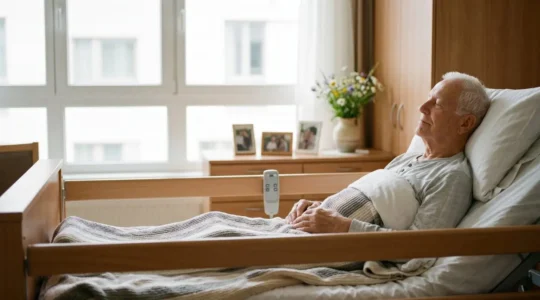 Senior individual resting comfortably in an adjustable hospital bed at home with natural lighting from window