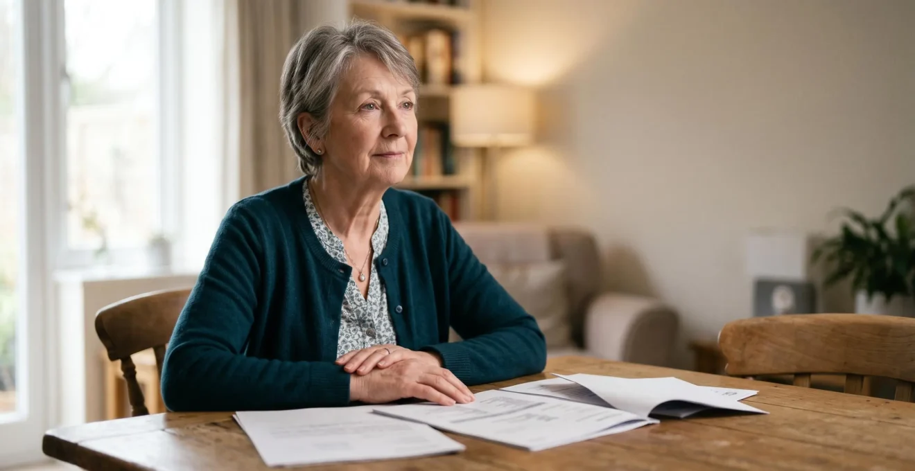 Senior adult thoughtfully reviewing health insurance documents in a comfortable home setting with natural light