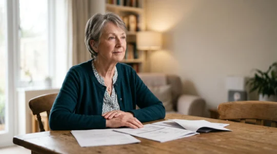 Senior adult thoughtfully reviewing health insurance documents in a comfortable home setting with natural light