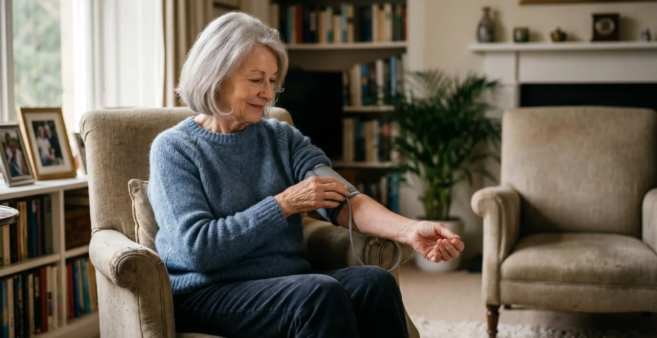Senior monitoring vital signs at home with medical devices in a calm, well-lit environment