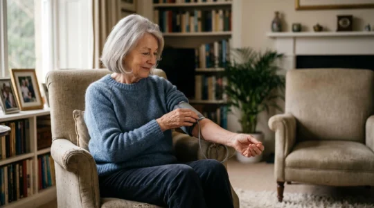 Senior monitoring vital signs at home with medical devices in a calm, well-lit environment