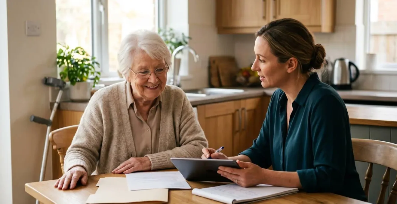 Senior woman discussing home accessibility needs with occupational therapist during home visit assessment