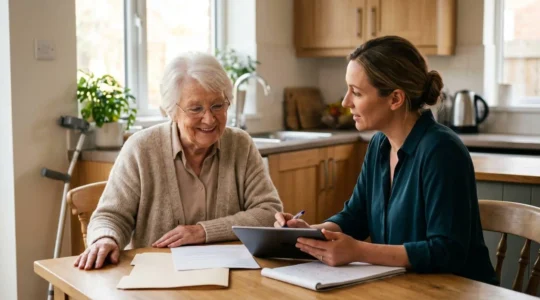 Senior woman discussing home accessibility needs with occupational therapist during home visit assessment