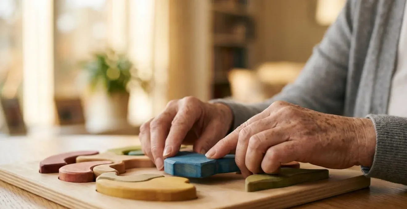 Elderly hands engaging in cognitive activity with natural lighting showing mental wellness focus