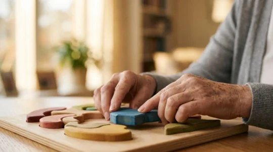 Elderly hands engaging in cognitive activity with natural lighting showing mental wellness focus