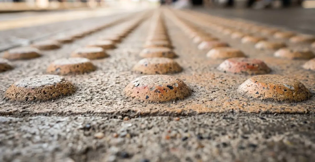 Close-up view of contrasting tactile paving surfaces showing detailed texture and profile differences at UK transport infrastructure