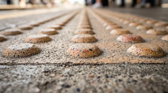 Close-up view of contrasting tactile paving surfaces showing detailed texture and profile differences at UK transport infrastructure
