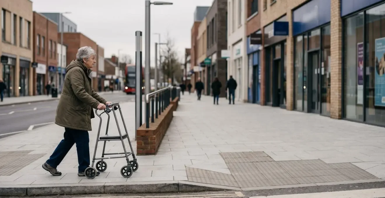 Person with mobility aid navigating accessible urban environment under UK legal protection framework