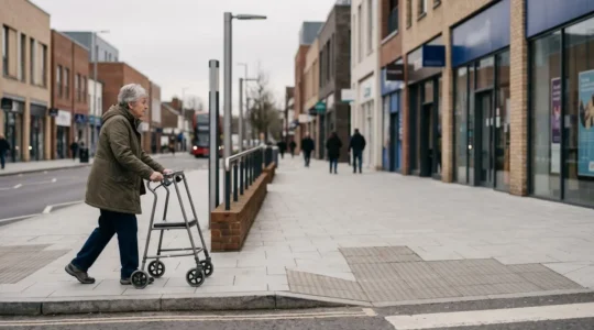 Person with mobility aid navigating accessible urban environment under UK legal protection framework