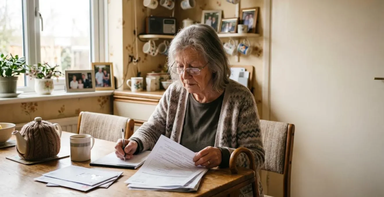 Senior reviewing financial documents with accessible mobility aids visible in background