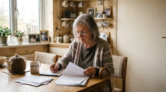 Senior reviewing financial documents with accessible mobility aids visible in background