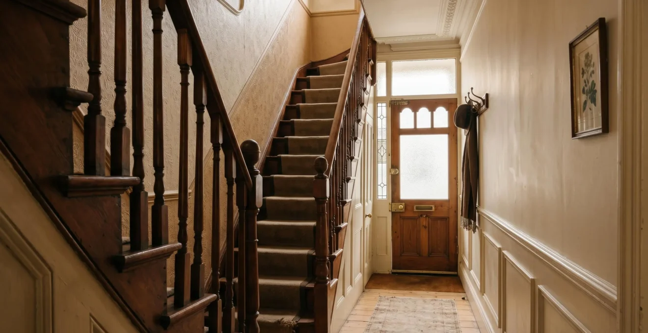 Interior view of a typical UK Victorian terraced house hallway showing a narrow wooden staircase with original features and natural window light