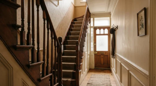Interior view of a typical UK Victorian terraced house hallway showing a narrow wooden staircase with original features and natural window light