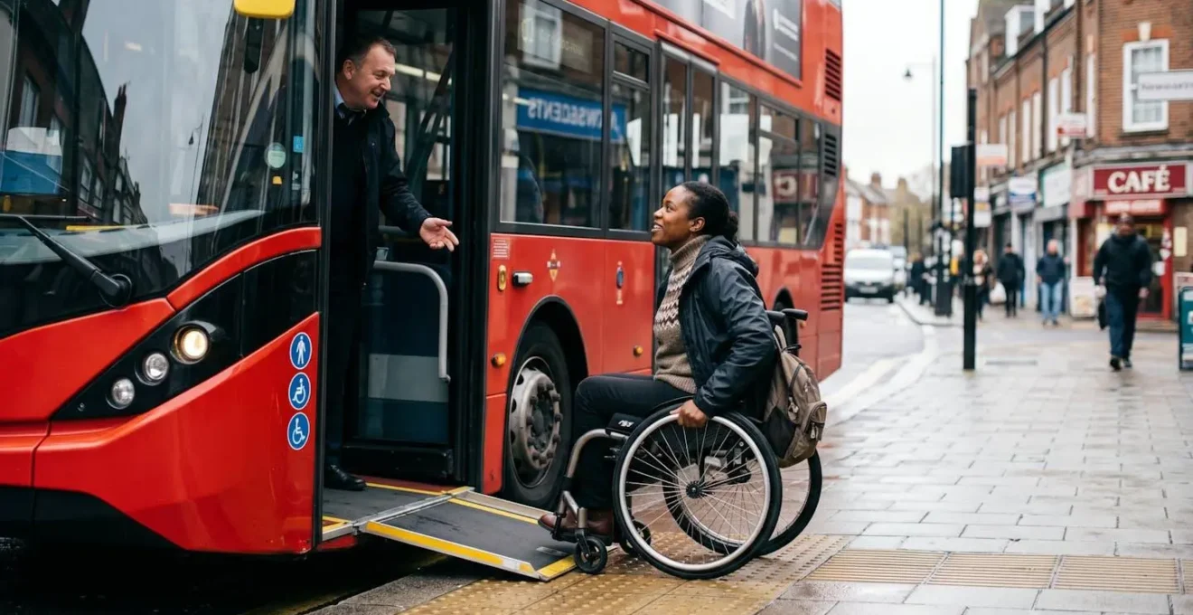 Wheelchair user approaching a London red double-decker bus with a manual ramp at a bus stop, showing the accessibility challenge