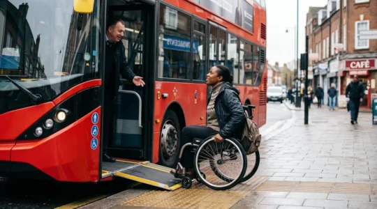 Wheelchair user approaching a London red double-decker bus with a manual ramp at a bus stop, showing the accessibility challenge