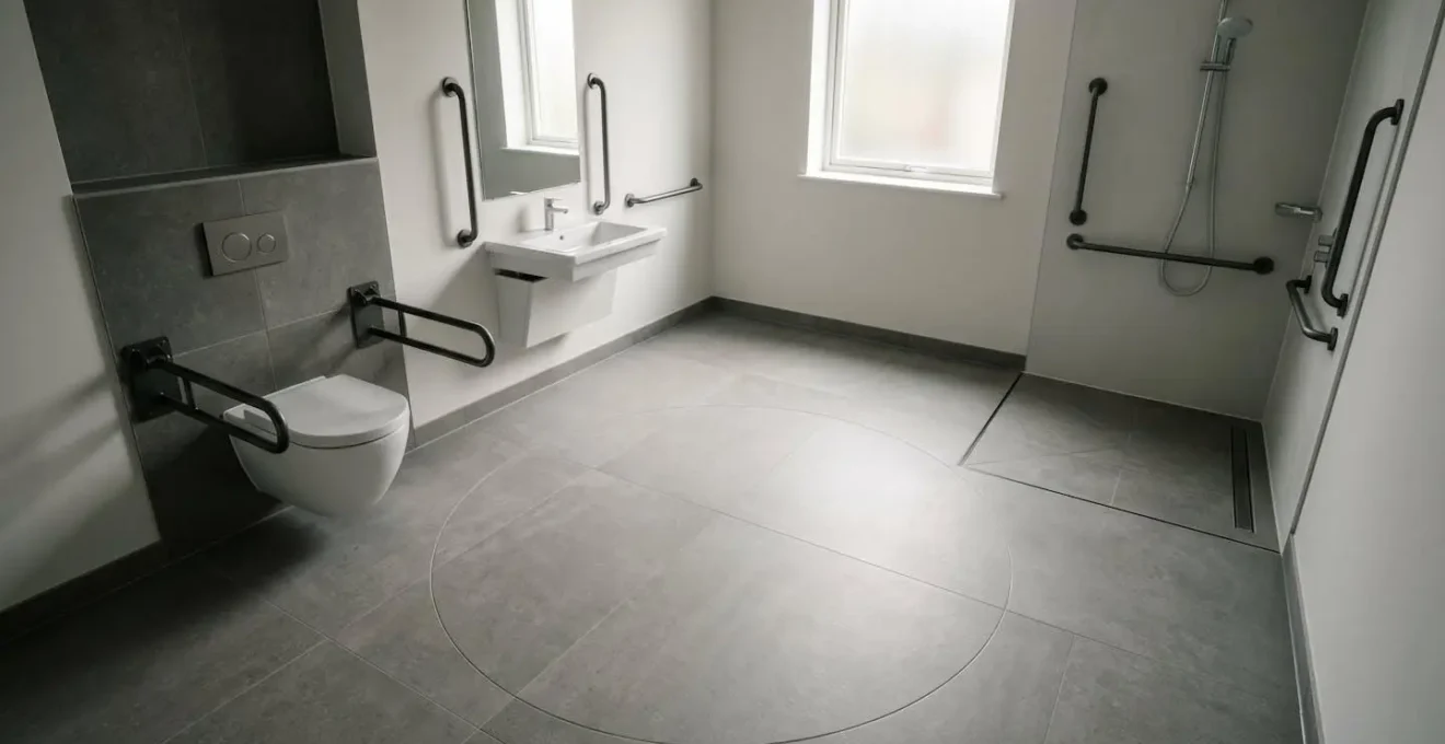 Wide-angle view of spacious wheelchair-accessible bathroom showing clear turning circle and accessible fixtures