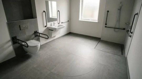 Wide-angle view of spacious wheelchair-accessible bathroom showing clear turning circle and accessible fixtures