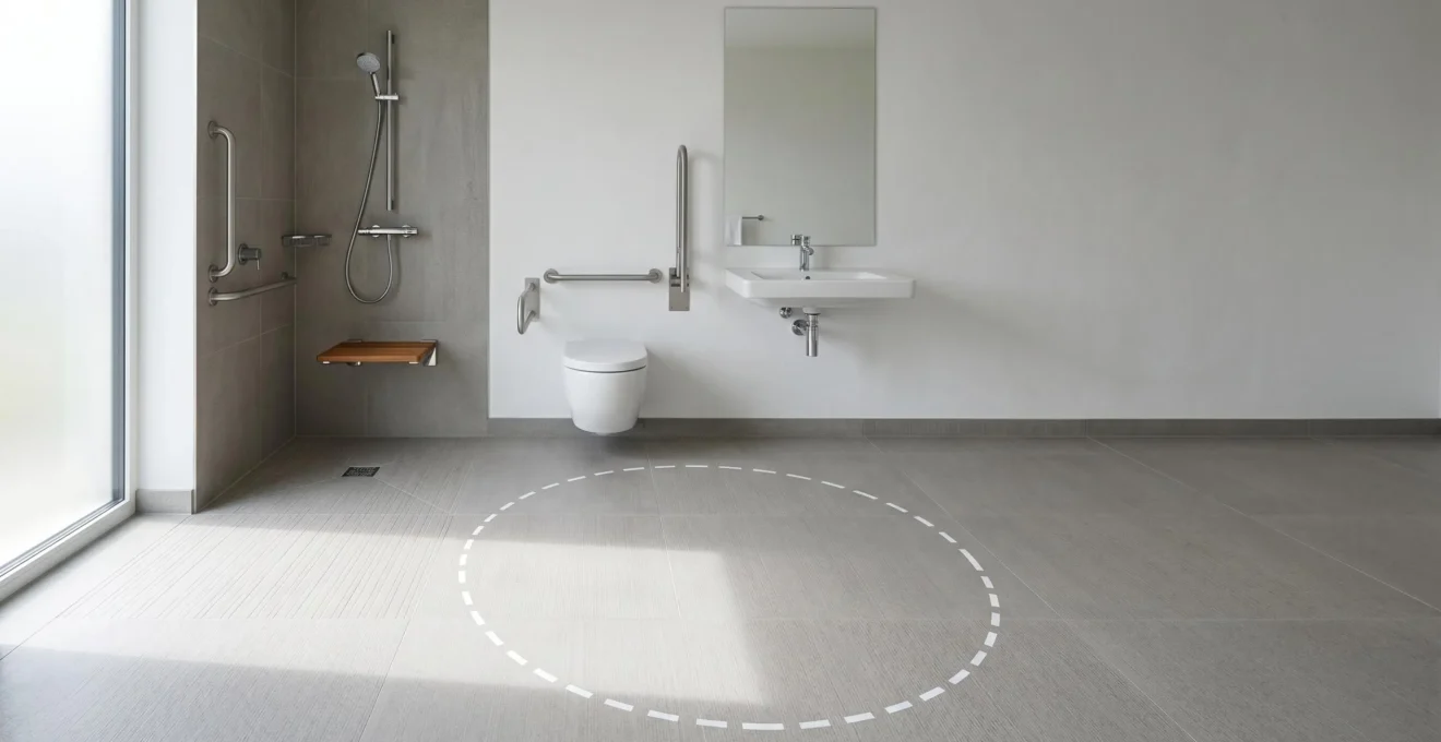 Modern accessible bathroom featuring textured anti-slip flooring designed for wheelchair users with safety features
