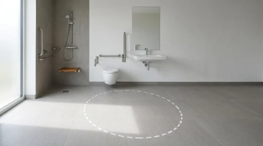 Modern accessible bathroom featuring textured anti-slip flooring designed for wheelchair users with safety features