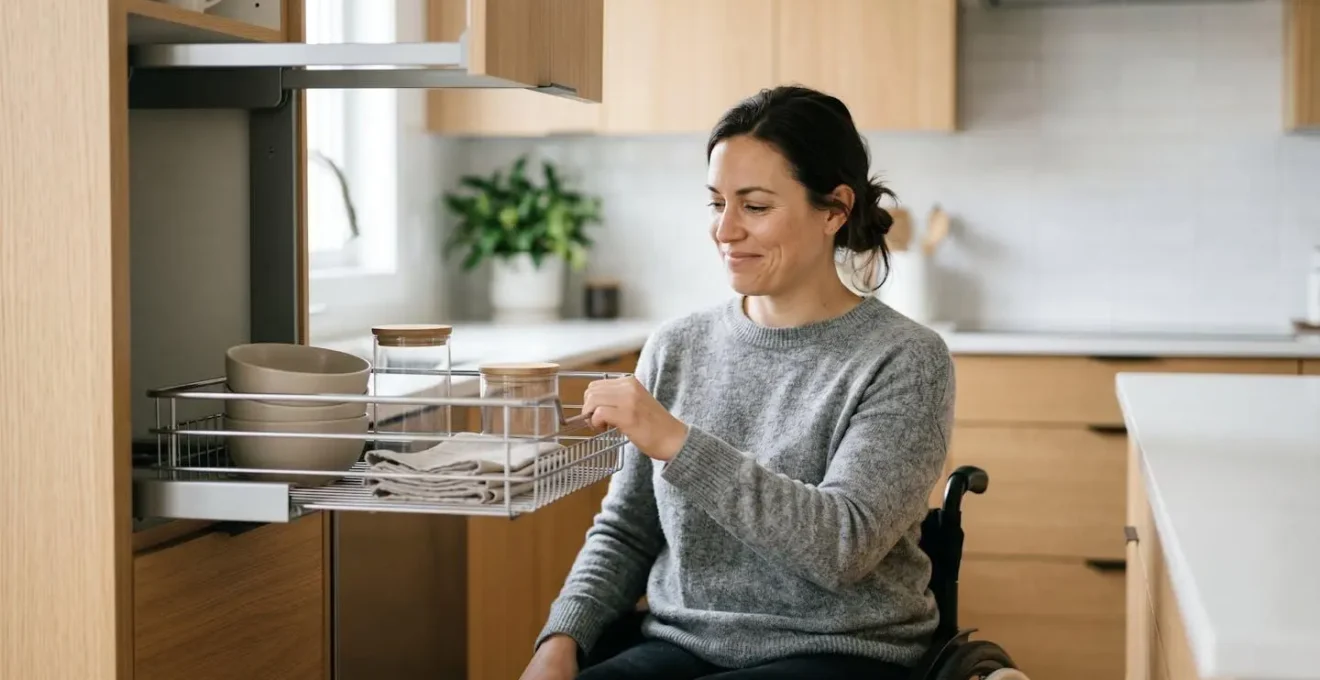 Wheelchair user reaching for pull-down kitchen basket at optimal ergonomic height in modern accessible kitchen