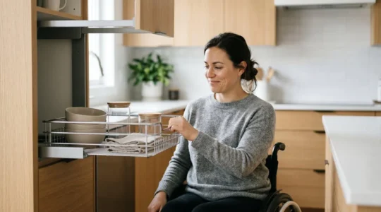 Wheelchair user reaching for pull-down kitchen basket at optimal ergonomic height in modern accessible kitchen