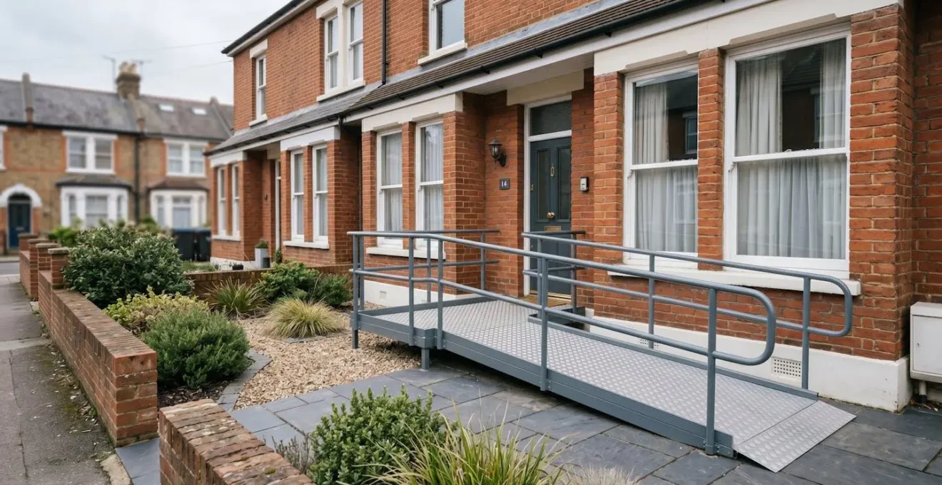 Accessible entrance with wheelchair ramp meeting UK building regulations gradient standards for senior mobility