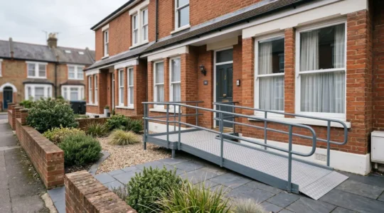 Accessible entrance with wheelchair ramp meeting UK building regulations gradient standards for senior mobility